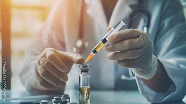 Fototapeta Preparing Medication: Doctor's hands preparing medication in a vial with a syringe.
