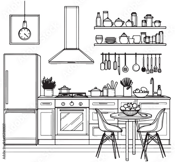 Fototapeta Kitchen interior sketch, furniture