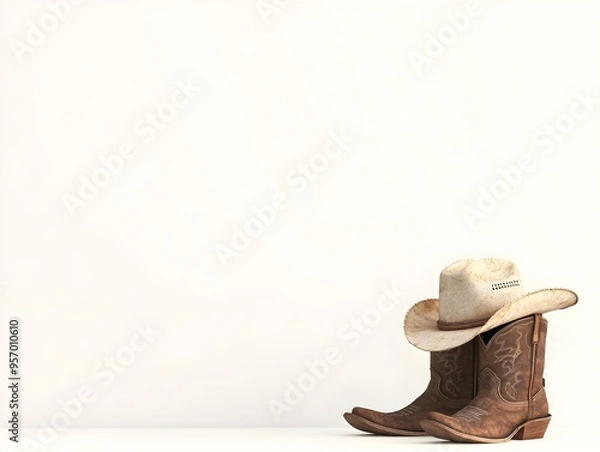 Fototapeta Cowboy Boots Hats and Clothing Items Arranged in Elegant Minimalist Composition Against White Background
