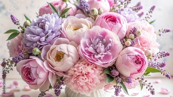 Fototapeta Delicate pink peonies and soft lavender hues combine in a stunning floral arrangement, set against a clean white background with elegant, swirling patterns.