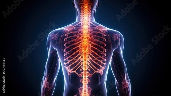 Fototapeta An X-ray image of the human body, with a glowing spine and hip bones 