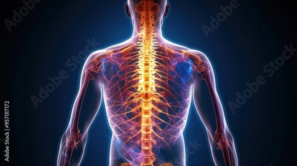 Fototapeta An X-ray image of the human body, with a glowing spine and hip bones 