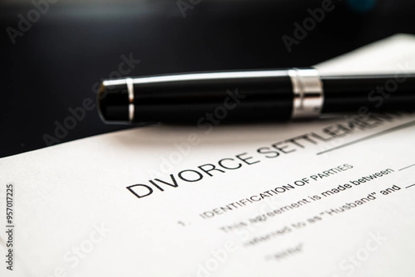 Fototapeta Detailed divorce settlement agreement document with a sleek pen resting on top, symbolizing finalization and resolution of marital disputes in legal contexts.