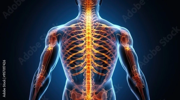 Fototapeta An X-ray image of the human body, with a glowing spine and hip bones 