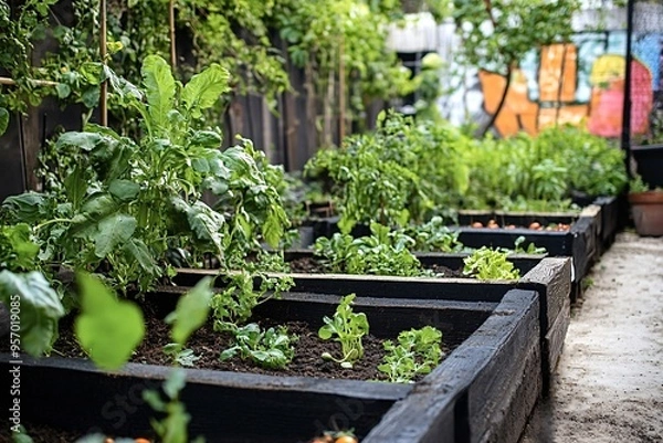 Fototapeta Thriving urban garden with fresh veggies in raised bed, showcasing green living and self-sufficiency. Colorful crops include lettuce, spinach, kale, tomatoes, peppers, cucumbers, and more