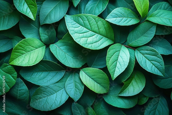 Fototapeta Emerald Tapestry: A mesmerizing background texture of lush, vibrant green leaves, arranged in a captivating pattern, evokes a sense of tranquility and natural beauty.  