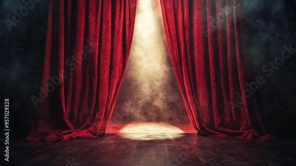 Fototapeta A red curtain is open to reveal a stage with a spotlight shining on it