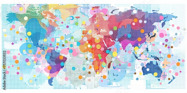 Fototapeta A map of the world with key economic indicators marked by color-coded dots, demonstrating the global reach of a multinational corporation.