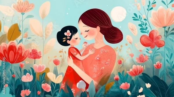 Obraz A mother lovingly holds her daughter in a field of flowers, the moon shining in the sky above.