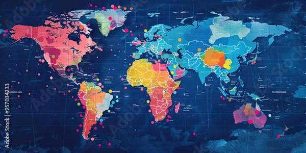 Fototapeta A map of the world with key economic indicators marked by color-coded dots, demonstrating the global reach of a multinational corporation.