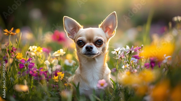 Fototapeta Cute Chihuahua Puppy in a Field of Flowers