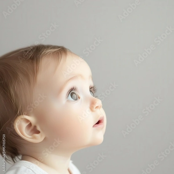Fototapeta Side profile close-up of an adorable baby with big, curious eyes looking upward, highlighting innocence and wonder.