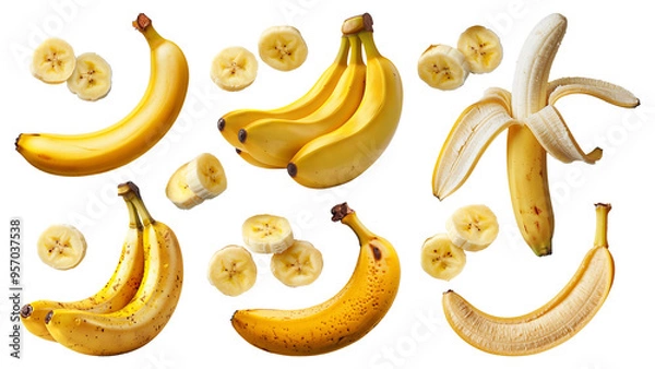 Fototapeta Banana set. Half, whole and peeled banana, bunch of bananas and chopped slices of banana isolated on white background. Cut out realistic bananas