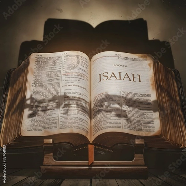 Fototapeta An epic cinematic presentation of an open bible. The book of Isaiah is visible, with the name Isaiah prominently displayed.