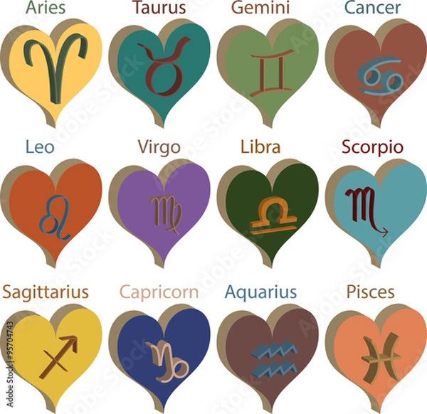 Fototapeta Set of 3d zodiac colorful symbols in 3d hearts