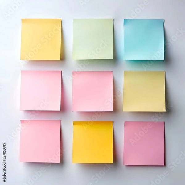 Fototapeta A set of nine blank sticky notes in assorted colors. perfect for adding a pop of color to your projects or presentations.