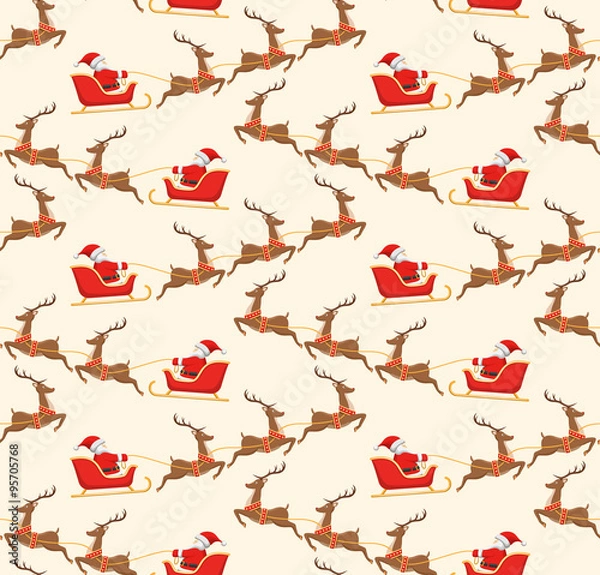 Fototapeta Seamless Christmas Pattern with Santa on Sleigh and His Reindeer