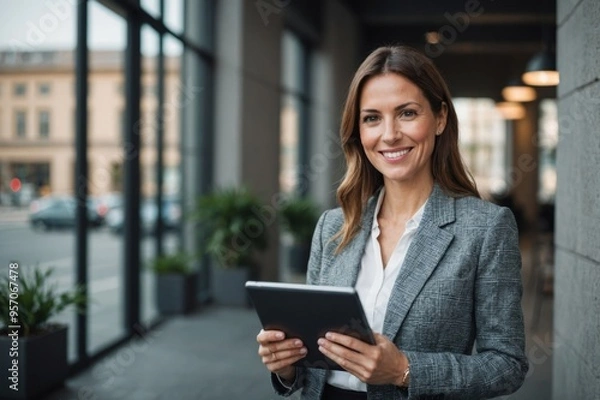 Obraz Business woman smiling at the camera while holding a tablet pc