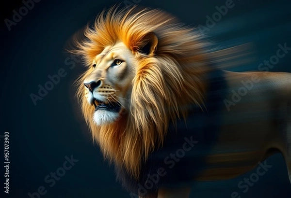 Obraz Imposing lion on a dark blue background, in profile, with details in the mane and intense expression, soft lighting enhancing the contrast