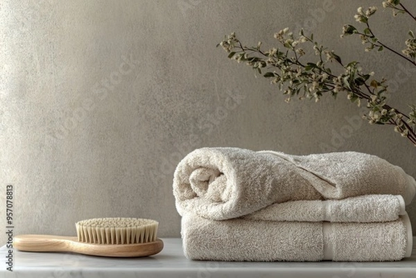 Fototapeta Soft beige towels with brush and plant on shelf