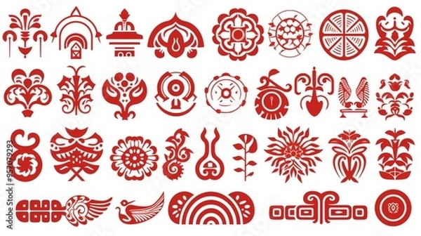 Fototapeta A collection of intricate red decorative motifs and patterns, perfect for design projects and artistic inspiration.