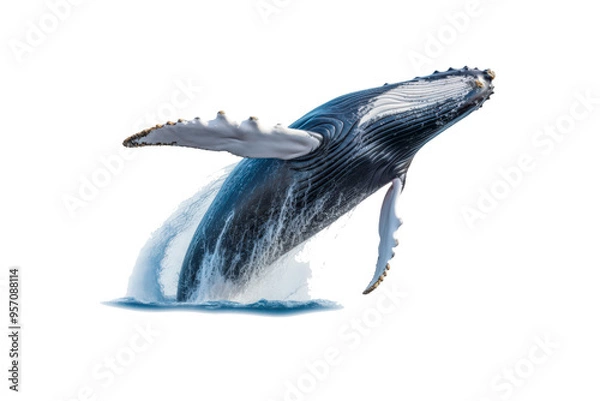 Fototapeta A whale jumps from the water, splashing water. Suitable for marine conservation, marine life education, holiday promotions, and wildlife documentaries