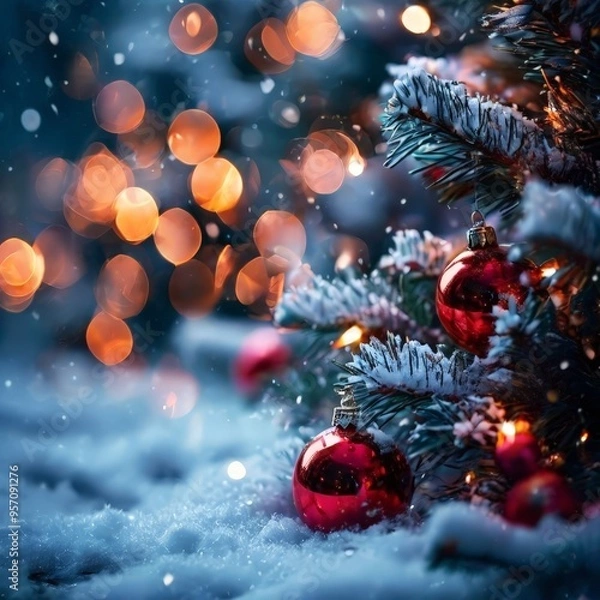Fototapeta christmas tree with red balls and lights in the background