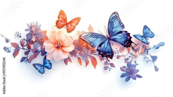 Fototapeta Vibrant Spring Sale Artwork with Floral Motifs  Butterflies  and Discount Tags in Minimalist Digital Style