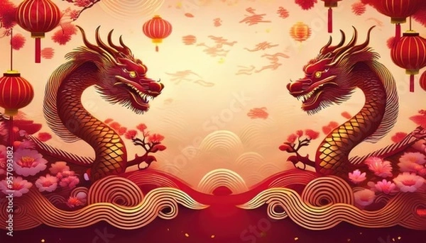 Fototapeta A vibrant illustration of two dragons amidst bamboo, flowers, and lanterns, symbolizing strength and fortune in a festive setting.