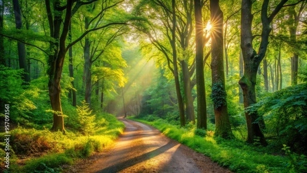Fototapeta Serene winding dirt path leads through lush green forest with tall trees, vibrant foliage, and dappled sunlight filtering through the canopy in the background.