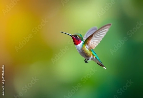 Obraz Hummingbird in mid-flight with outstretched wings, captured on a blurred greenish-yellow background, highlighting vibrant feather details and delicate movement