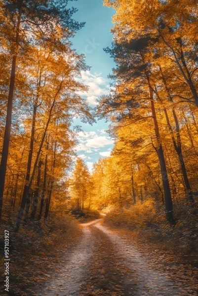 Fototapeta The most beautiful autumn landscape. A panoramic forest nature. A glorious dawn in an orange golden forest with golden leaves trees. An idyllic sunset, a dream fantasy path to the horizon. A
