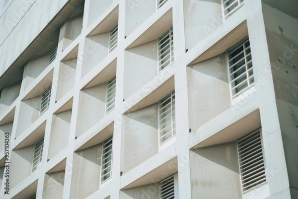 Fototapeta Modern building facade with a geometric grid pattern of windows, draped in soft light and shadows.