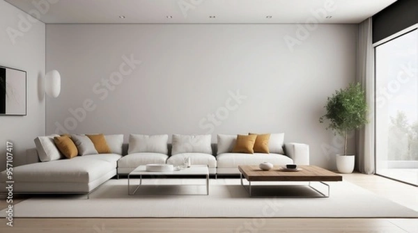 Fototapeta Minimalist beige interior, living room