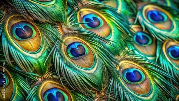 Fototapeta Vibrant close-up of a peacock's iridescent feathers, showcasing intricate eyespots and swirling patterns of emerald green, sapphire blue, and burnished gold.