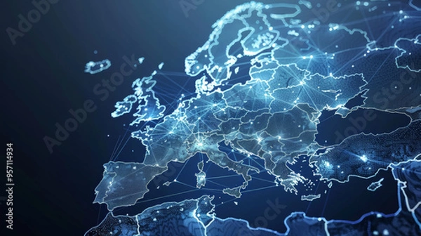 Fototapeta Abstract map of Western Europe, concept of data transfer and cyber technology
