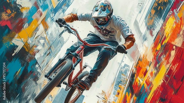 Fototapeta Cyclist performing a stunt in front of colorful street art, hyperdetailed rendering, bold graffiti, dynamic action, urban vibe