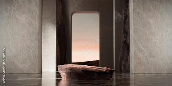 Fototapeta Surreal Beautiful Dream land background and podium. Abstract Dune landscape with geometric arch. Fantasy island scenery natural cloudy sky. Rock clay stone arch. 3d render