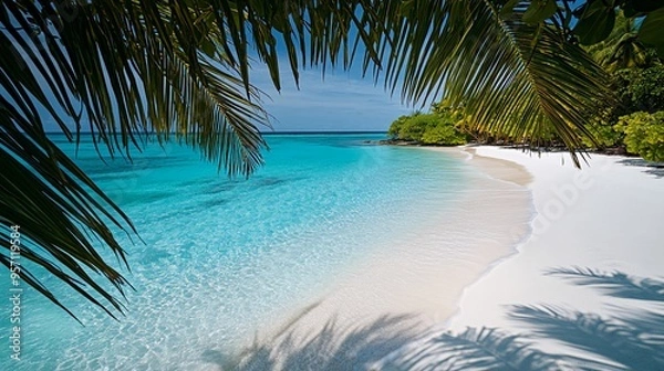 Fototapeta Palm tree leaves create a frame for a view of a white sand beach and turquoise water.