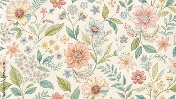 Fototapeta Vibrant, hand-drawn floral patterns in pastel hues dance across a soft, creamy background, creating a whimsical and elegant wallpaper design perfect for feminine spaces.