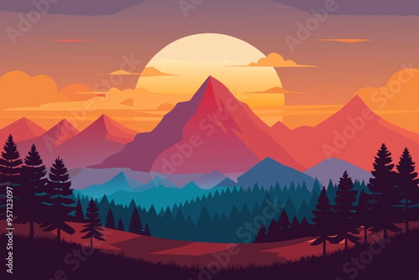 Fototapeta Serene Summer Sunset Over Mountain Vector Design