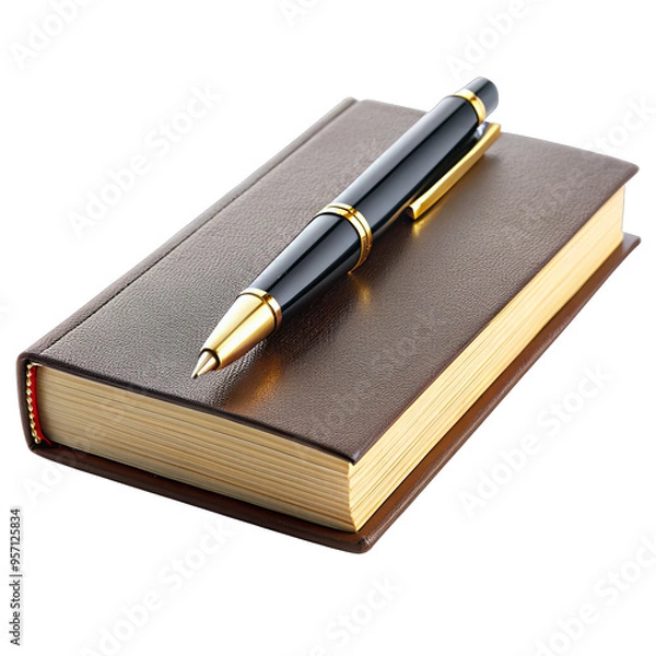 Fototapeta A closed brown leather-bound notebook with gold trim and a black pen rests on a white surface