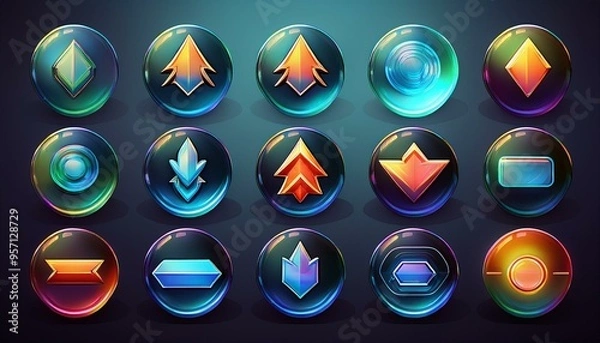 Fototapeta 3d glass arrow icons set with refraction and holographic effect 