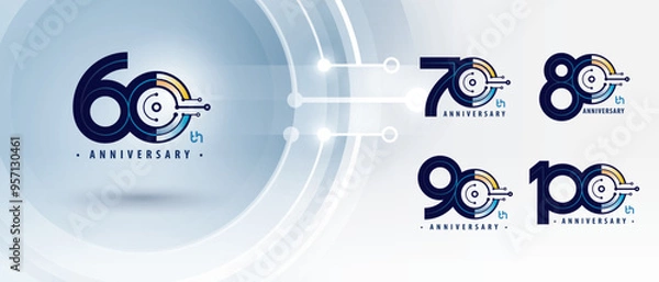 Obraz 60, 70, 80, 90, 100 year Anniversary logotype design, Sixty to Hundred years Logo for Celebration, Abstract Connected Circle lines and dots Circuit Board, Global network connection, Digital technology