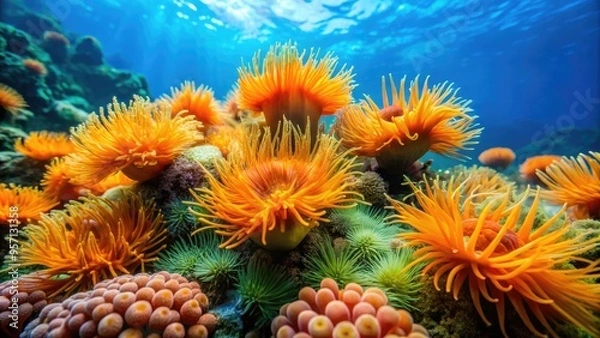 Fototapeta Vibrant orange coral polyps sway gently in the current, surrounded by delicate sea anemones and wispy seaweed, against a turquoise ocean background.