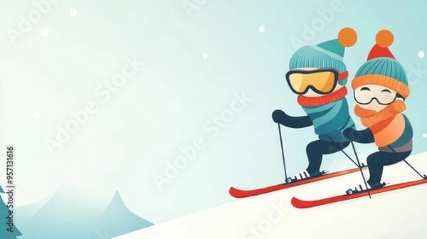 Obraz Skiing down a snowy slope, wearing festive gear, Christmas in the mountains