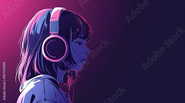 Fototapeta A vector illustration of an anime girl with headphones against a dark background, lofi art style with pastel and neon glow, creating a calming and low saturation visual experience