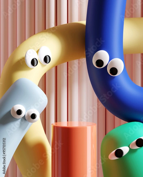 Fototapeta Minimal product background for sale promotion concept. Pastel tube cartoon with googly eyes and podium on pink corrugate background. 3d render illustration. Clipping path of each element included.