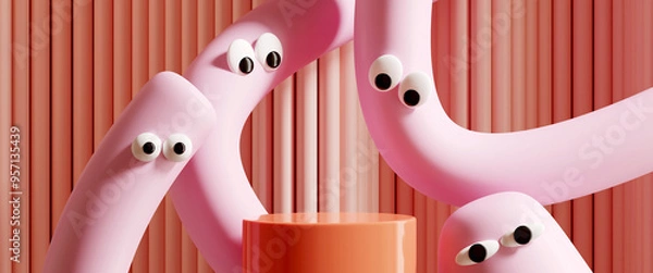 Fototapeta Minimal product background for sale promotion concept. Pastel tube cartoon with googly eyes and podium on pink corrugate background. 3d render illustration. Clipping path of each element included.