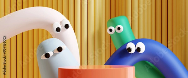 Fototapeta Minimal product background for sale promotion concept. Pastel tube cartoon with googly eyes and podium on yellow corrugate background. 3d render illustration. Clipping path of each element included.